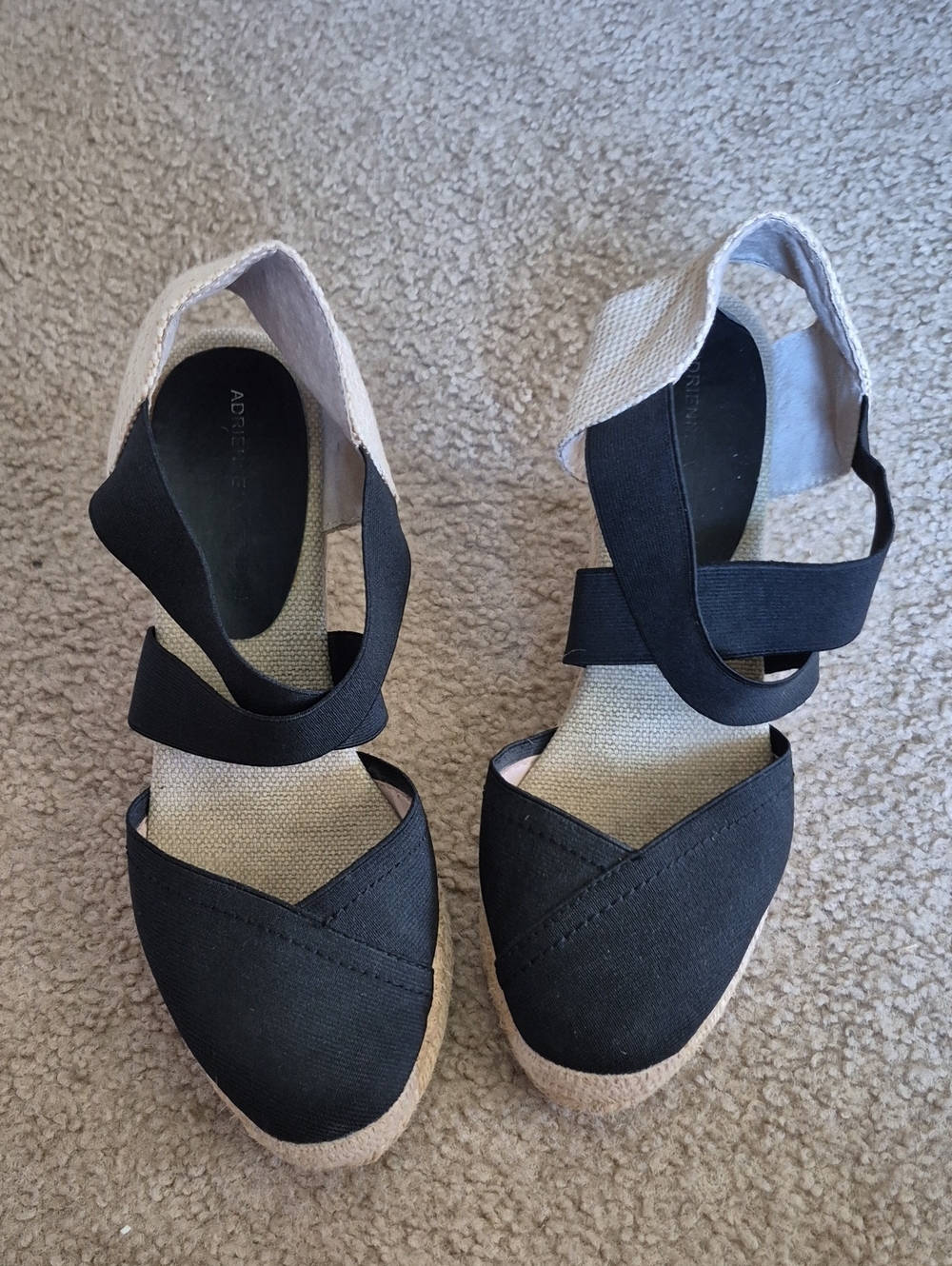 Adrienne Vittadini Black Canvas Espadrille Wedges with Tan Trim